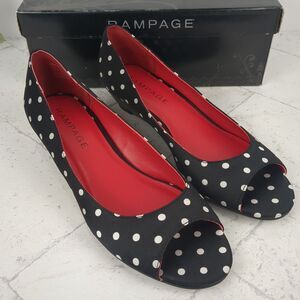 Polka Dot Black And White Peep Toe Wedge Heel Size 8M Rampage NIB Rockabilly
